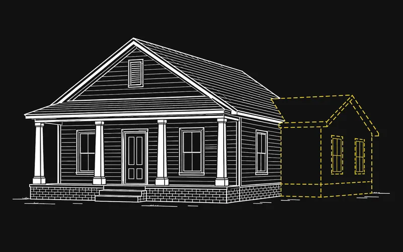 Line drawing of a house with a dashed yellow outline sketching a planned side addition
