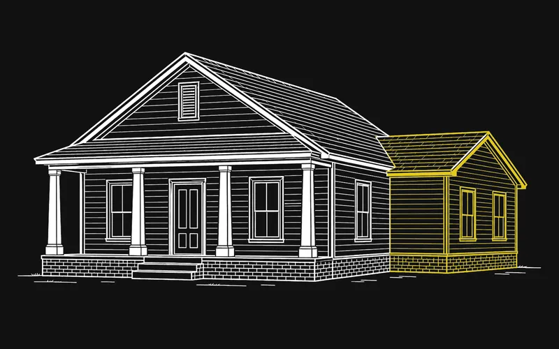 Line drawing of a house with a finished side addition matching the original roofline and siding