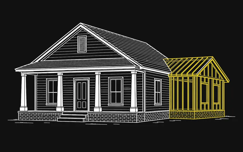 Line drawing of a house with the side addition shown as open wood framing