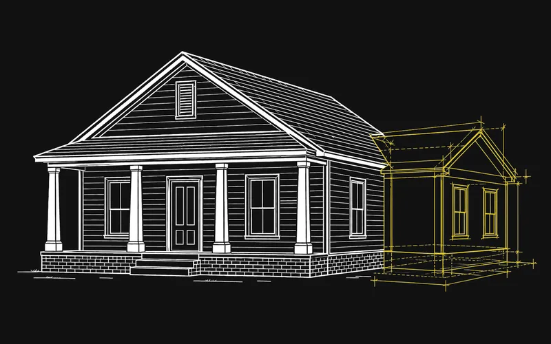 Line drawing of a house with the side addition laid out in dimensioned construction lines